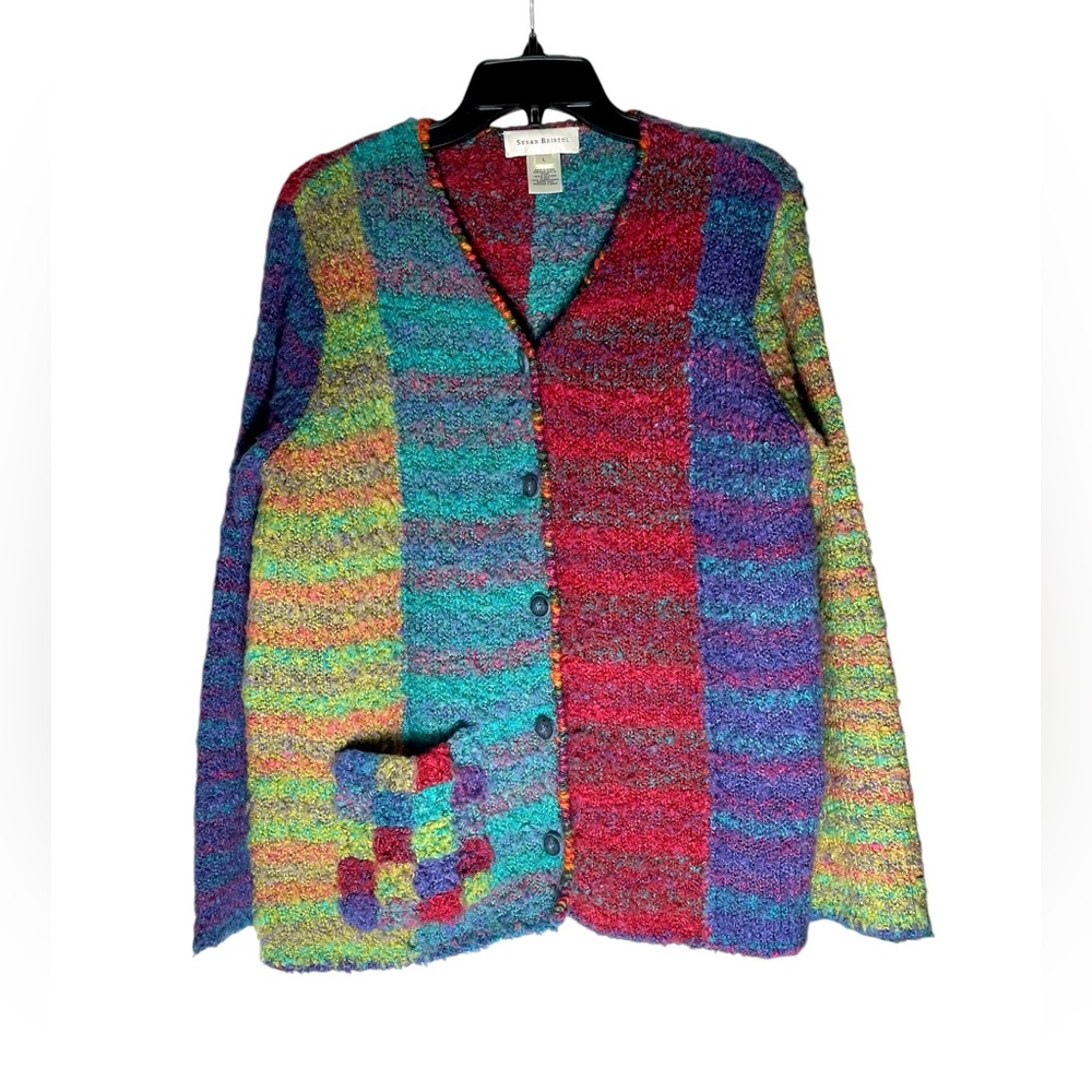 VTG Susan Bristol Sweater Womens Large Multi Colored Knit Patchwork Cardigan Y2K